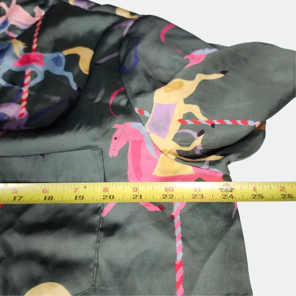 Karen Mabon Whimsical CAROUSEL Satin Pajama Shirt Women's Size XLARGE Green RARE